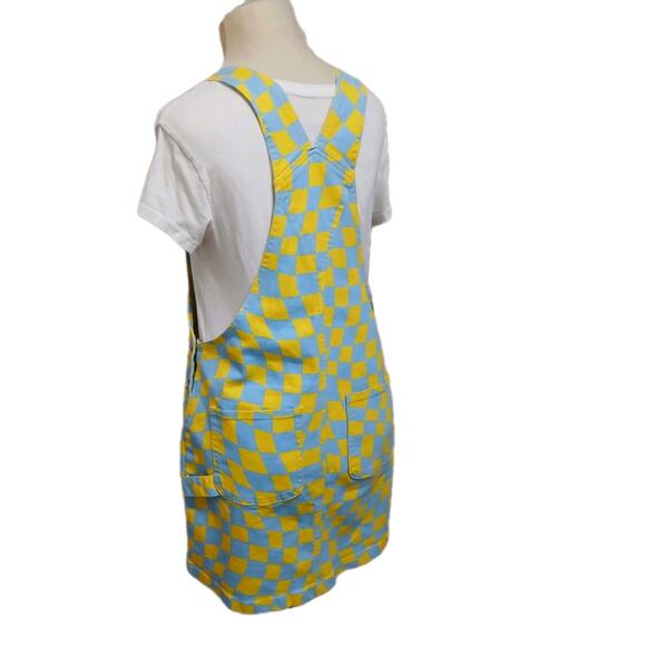 Forever 21 Denim Overall Dress Women Sz L Blue Yellow Check Stretch Mini Skirt - Picture 2 of 16
